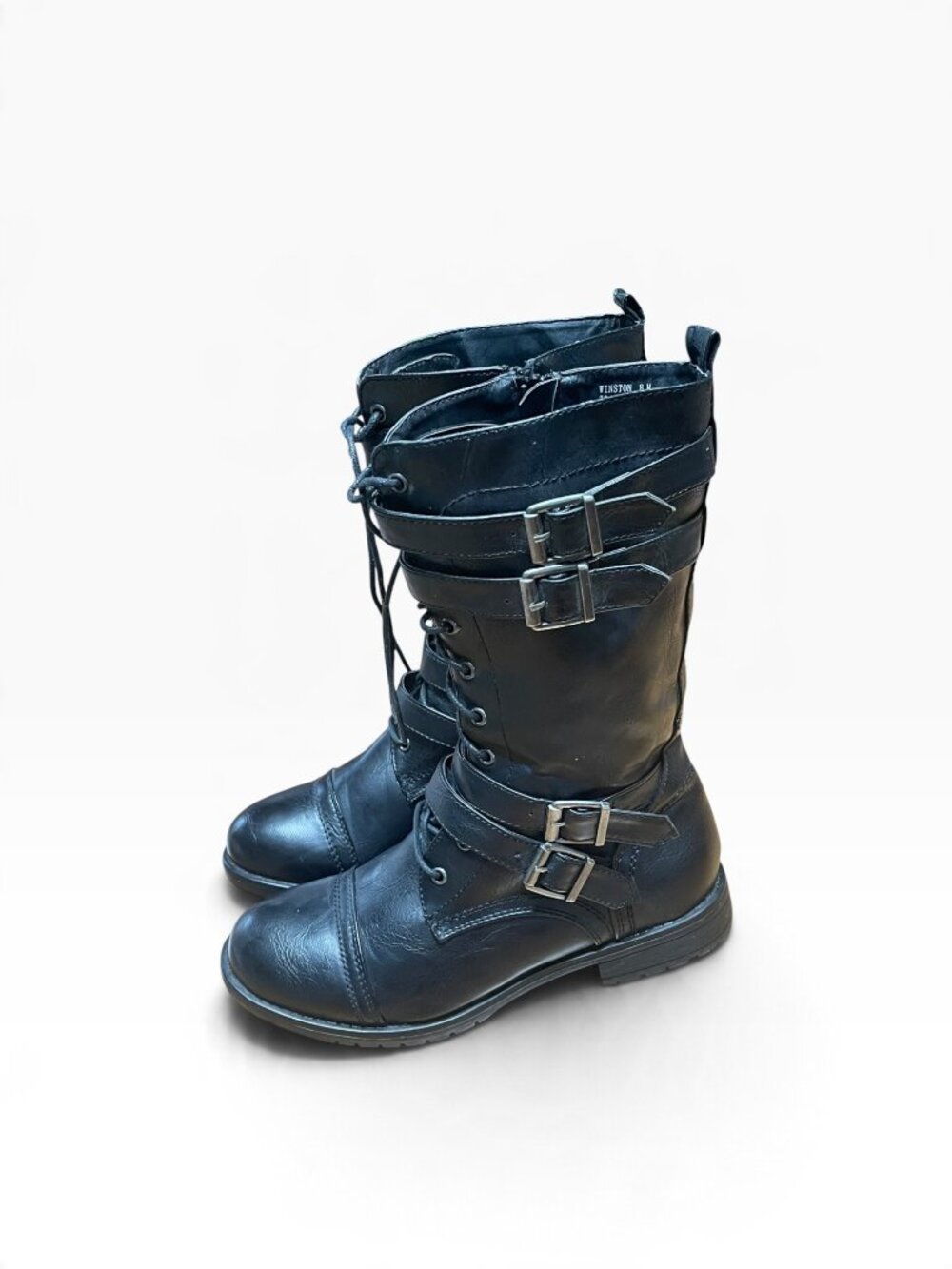ID Required.Womens Black Combat Boots With Buckles & Laces Size 8M Faux Leather